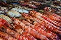 Grilled prawns and other seafood displayed in night market