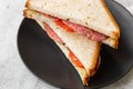 Grilled and pressed toast with smoked ham, cheese, on white marble background. Homemade food. Tasty breakfast. Selective
