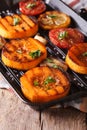 Grilled pumpkin and vegetables on grill pan. Vertical macro