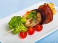 Grilled quail with Iberian ham fried, served on skewers with vegetables