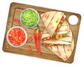 Grilled quesadillas on wooden board with salsa and guacamole