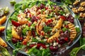 Grilled quince salad with baked and fresh grated beetroot, blue cheese, walnuts on rustic table