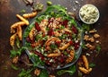 Grilled quince salad with baked and fresh grated beetroot, blue cheese, walnuts on rustic table