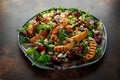 Grilled quince salad with baked and fresh grated beetroot, blue cheese, walnuts on rustic table