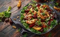 Grilled quince salad with baked and fresh grated beetroot, blue cheese, walnuts on wooden rustic table Royalty Free Stock Photo