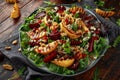 Grilled quince salad with baked and fresh grated beetroot, blue cheese, walnuts on wooden rustic table