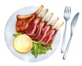 Grilled rack of lamb with mashed potatoes and asparagus. Watercolor illustration