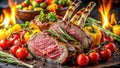 Grilled rack of lamb with roasted vegetables and herbs. Generative AI Royalty Free Stock Photo