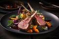 Grilled rack of lamb with vegetables. Professional food,