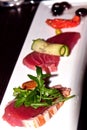 Grilled and raw tuna-fish on white plate