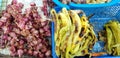 Grilled red onion with Green peppers in blue plastic basket for cooking spicy chili paste sauce at local street food Royalty Free Stock Photo