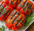 Grilled red pepper in grilling pan on black background Royalty Free Stock Photo