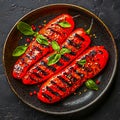 Grilled red pepper in grilling pan on black background Royalty Free Stock Photo