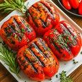 Grilled red pepper in grilling pan on black background Royalty Free Stock Photo
