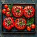 Grilled red pepper in grilling pan on black background Royalty Free Stock Photo