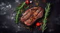 Grilled rib eye beef steak, herbs and spices. AI generated image