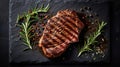 Grilled rib eye beef steak, herbs and spices. AI generated image