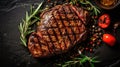 Grilled rib eye beef steak, herbs and spices. AI generated image