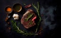 Grilled rib eye steak, herbs and spices on dark table.