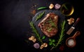 Grilled rib eye steak, herbs and spices on dark table.