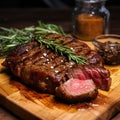 Grilled ribeye beef steak. Cooked steak with butter, rosemary, herbs and salt served on wooden cutting board. Medium rare Prime Royalty Free Stock Photo