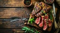 Grilled ribeye beef steak, herbs and spices, top view with copy space on dark table Royalty Free Stock Photo