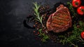 Grilled ribeye beef steak, herbs and spices, top view with copy space on dark table Royalty Free Stock Photo