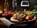 Grilled Ribeye Steak with truffle butter and herbs, garnished with rosemary, served with baked potatoes, cherry tomatoes and a Royalty Free Stock Photo