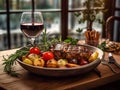 Grilled Ribeye Steak with truffle butter and herbs, garnished with rosemary spig, served with baked potatoes, cherry tomatoes and Royalty Free Stock Photo