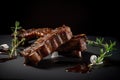 Grilled Ribs, Lamb Barbecue, Roasted Meat on Dark Background, Abstract Generative AI Illustration