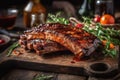 Grilled ribs seasoned with spicy sauce on wooden board