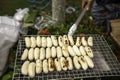 Grilled ripe banana are popular street food in Thailand. burn on fire. High fiber snack. High carbohydrate. Delicious with high