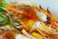 Grilled river giant prawn with spicy seafood sauce in disk