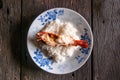 Grilled river prawn on Thai Jasmine rice in beautiful dish Royalty Free Stock Photo