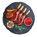 Grilled roasted rack of lamb veal chops watercolor Royalty Free Stock Photo