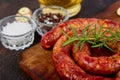 Grilled or Roasted spiral pork sausages Royalty Free Stock Photo