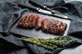 Grilled roasting rare sliced top blade, Denver steak. Marble meat beef. Black background. Top view