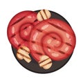 Grilled Rolled Wurst Rested on Plate with Sliced Mushrooms Vector Illustration