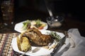 Grilled rosemary chicken dinner with corn and salad. Royalty Free Stock Photo