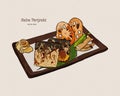 Grilled Saba fish steak with teriyaki sauce - Japanese food style. Hand draw sketch vector