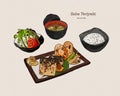 Grilled Saba fish steak with teriyaki sauce - Japanese food style. Hand draw sketch vector