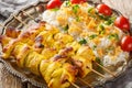 Grilled saffron chicken skewers with rice garnish close-up in a plate. horizontal Royalty Free Stock Photo