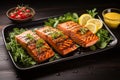 Grilled salmon accompanied by a vibrant tomato and sesame salad