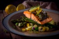 Grilled salmon with asparagus and lemon on a wooden table. AI Generative Royalty Free Stock Photo