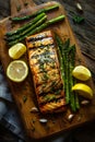 Grilled salmon with asparagus, lemons, and garlic on a wooden board Royalty Free Stock Photo