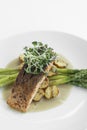 Grilled salmon with asparagus, potato and butter sauce Royalty Free Stock Photo