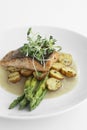 Grilled salmon with asparagus, potato and butter sauce Royalty Free Stock Photo