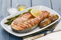 Grilled salmon asparagus and potato on white dish Royalty Free Stock Photo