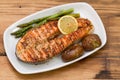 Grilled salmon asparagus and potato Royalty Free Stock Photo