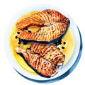 Grilled salmon with black pepper, fried fish on